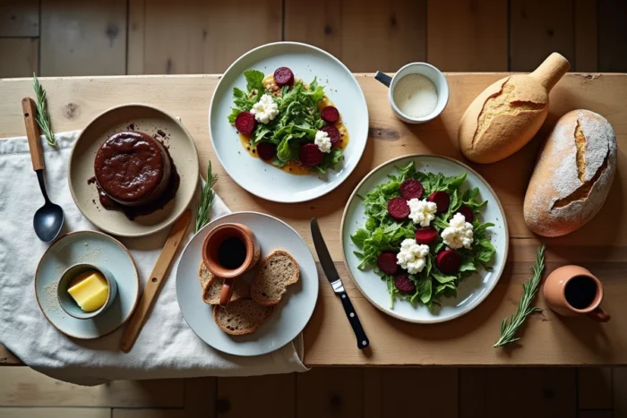Assortiment de plats gourmands photographiés en flat-lay sur une table de ferme en bois avec un carnet de recettes