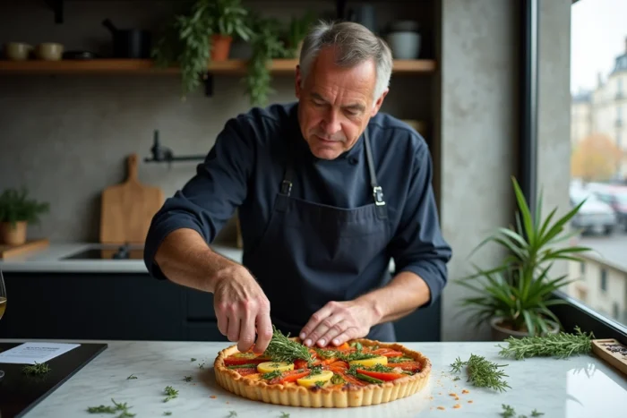 Chef cuisinier garnissant une tarte végétarienne colorée dans une cuisine moderne de style parisien
