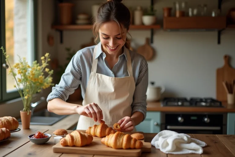 Femme préparant des viennoiseries maison dans une cuisine rustique chaleureuse avec des accessoires en céramique