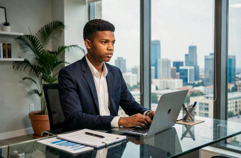 Jeune entrepreneur africain adolescent assis à un bureau moderne avec un ordinateur portable, vêtu d'un blazer bleu marine, vue sur une skyline urbaine africaine