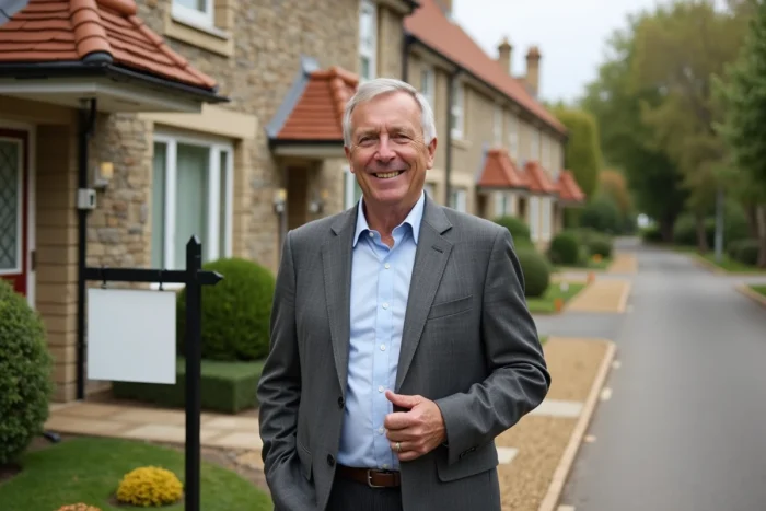 Agent immobilier tenant les clés devant une maison traditionnelle à vendre en banlieue résidentielle