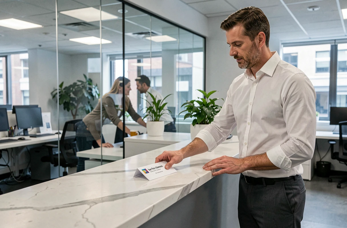 Agent immobilier remettant une enveloppe de clés à des acheteurs au comptoir d'une agence immobilière après signature notariale