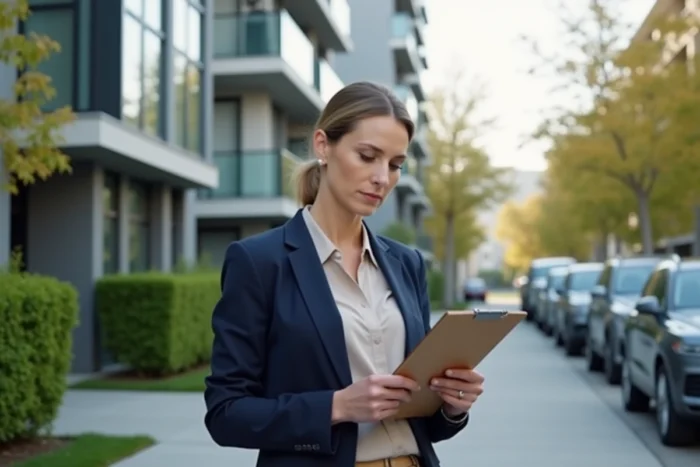 Agente immobilière devant un immeuble moderne examinant des documents, opportunités immobilières en région