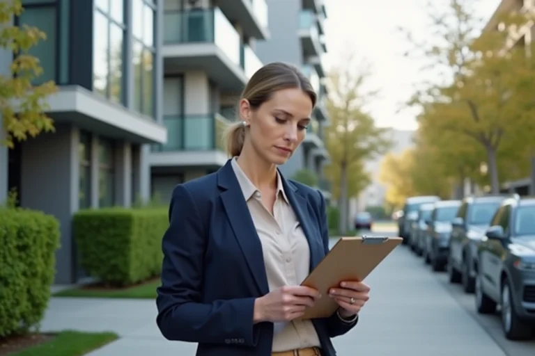 Agente immobilière devant un immeuble moderne examinant des documents, opportunités immobilières en région