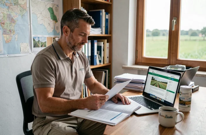 Agronome consultant les documents officiels d'homologation des herbicides dans une coopérative agricole portugaise