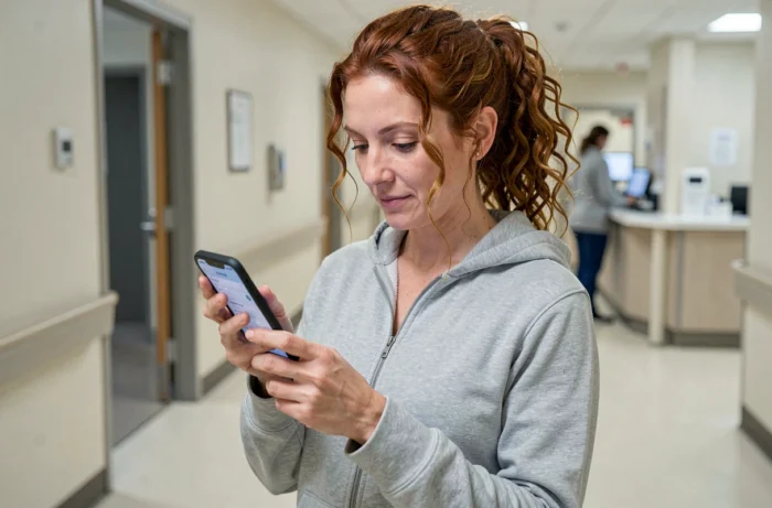 Aidante téléchargeant Mon Proxima sur mobile dans un couloir d'établissement de santé