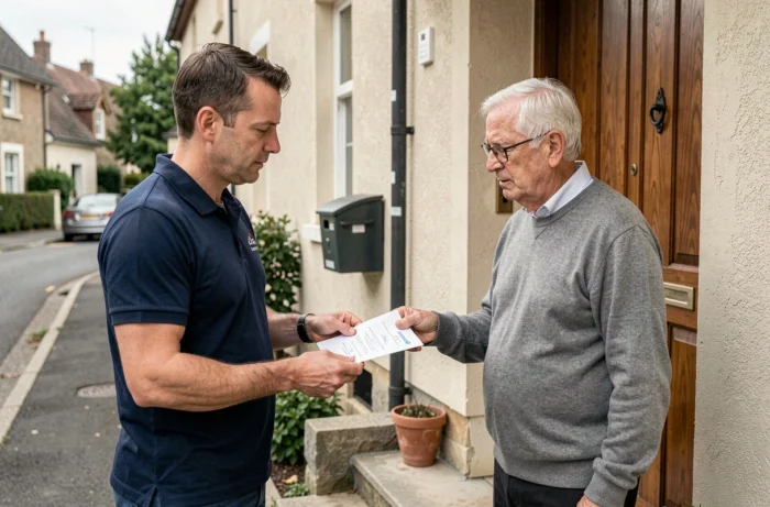 Aide à domicile ADMR remettant une fiche d'intervention signée à un bénéficiaire âgé devant sa maison