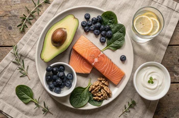 Sélection d'aliments anti-inflammatoires et pauvres en sodium recommandés lors d'un traitement à la cortisone, vue de dessus sur fond de lin naturel