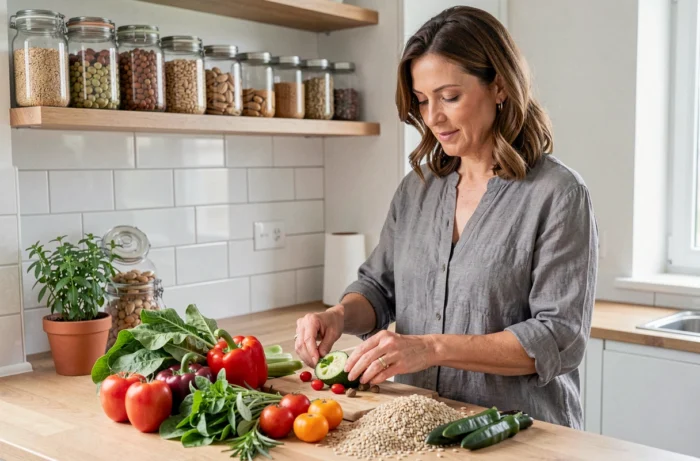 Femme préparant des aliments sains recommandés pendant un traitement à la cortisone, légumes frais et céréales complètes sur un plan de travail en bois