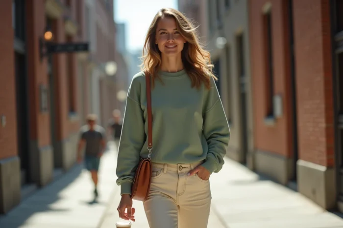 Femme en sweat-shirt en coton lourd vert sauge vintage et jean large écru dans le style American Vintage, dans un quartier urbain aux briques apparentes