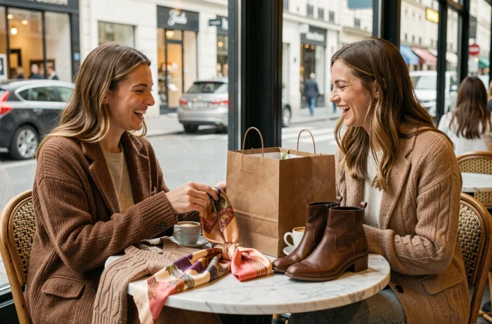Deux amies découvrant leurs achats de mode tendance autour d'un café parisien, avec foulard en soie et bottines en cuir sur la table