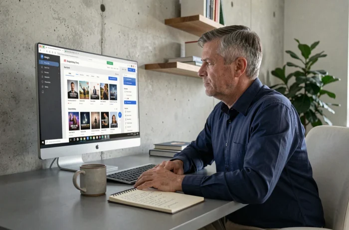 Homme analysant une interface de plateforme de streaming à son bureau à domicile avec des notes manuscrites
