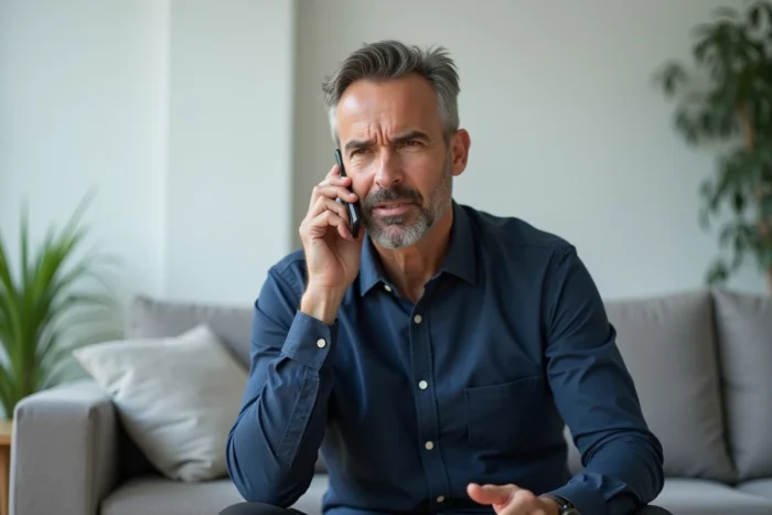 Homme s'excusant par téléphone pour son absence à un mariage depuis son salon