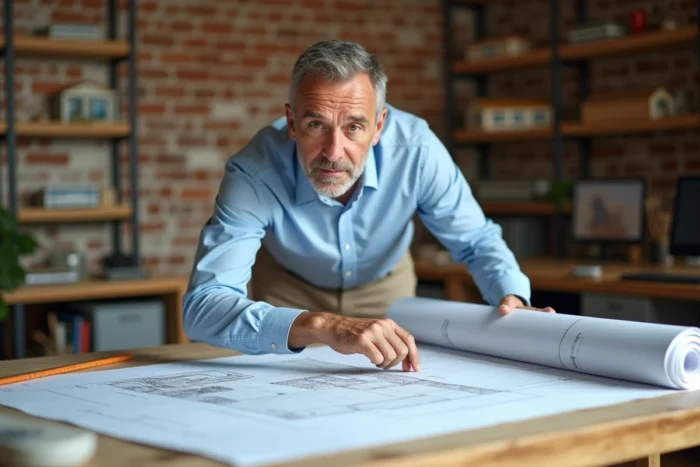 Architecte étudiant les plans dimensionnels d'une piscine de 10m2 sur une table de travail