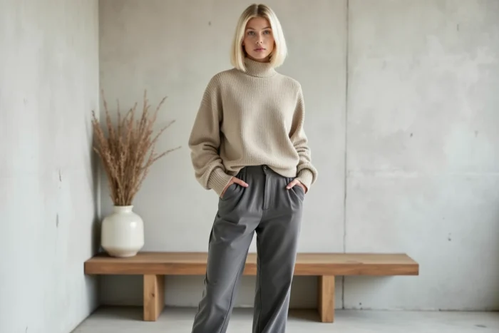Femme en pull col roulé en maille et pantalon droit gris ardoise dans le style Arket, dans un intérieur scandinave épuré en béton et chêne