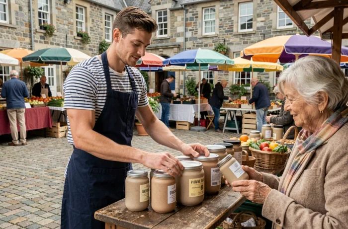 Jeune artisan breton présentant ses produits locaux sur un marché traditionnel en Bretagne, échangeant avec une cliente dans une place pavée typique