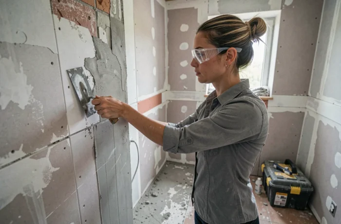 Femme artisane appliquant du plâtre sur un mur lors de la rénovation complète d'une salle de bain