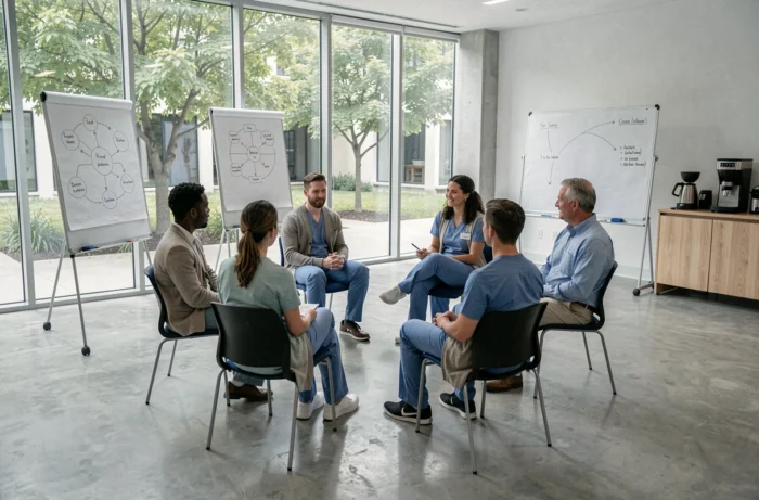 Équipe interdisciplinaire de soignants participant à un atelier collectif d'approche systémique dans une salle de séminaire