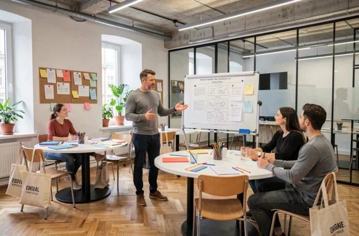 Animateur présentant un atelier de team-building créatif à ses collègues dans un espace de coworking moderne avec moodboards et plantes vertes