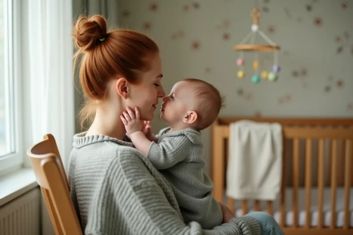 Maman et bébé dans une chambre de bébé, l'enfant explorant le visage de sa mère avec ses deux mains