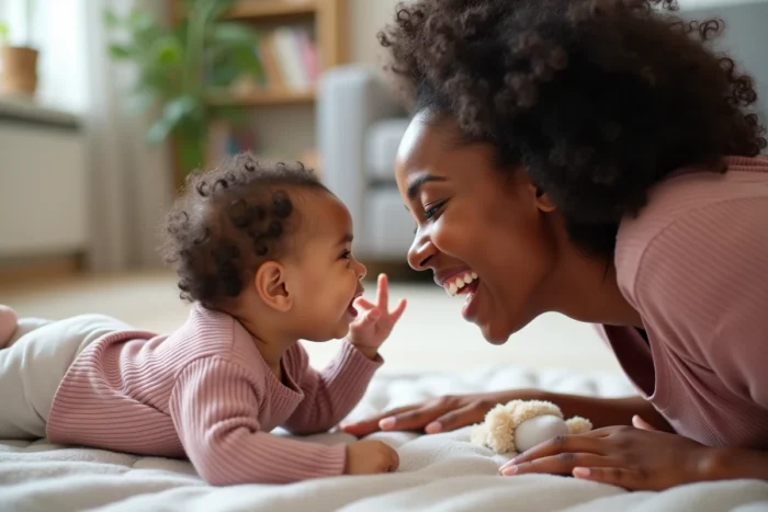 Maman et bébé allongés face à face sur un tapis de jeu, le bébé touchant le nez et la bouche de sa mère