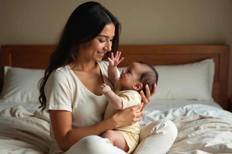 Bébé de quatre mois tendant la main pour toucher le visage de sa maman sur un lit blanc en lin