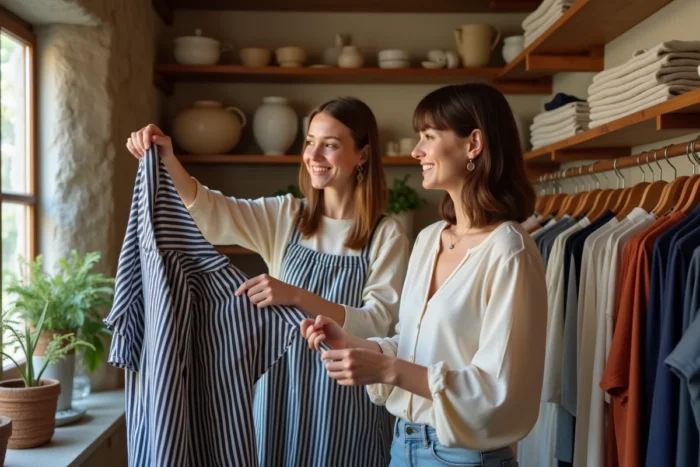 Deux femmes découvrant des vêtements inspirés de la mode bretonne dans une boutique indépendante aux murs en pierre avec des rayures marines et du lin naturel