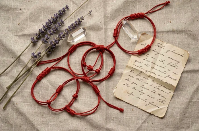 Vue de dessus de bracelets fil rouge à 7 nœuds disposés avec des cristaux et des herbes séchées sur un tissu en lin
