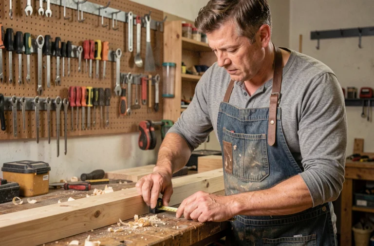 Homme bricoleur mesurant une planche en bois dans un atelier artisanal bien équipé