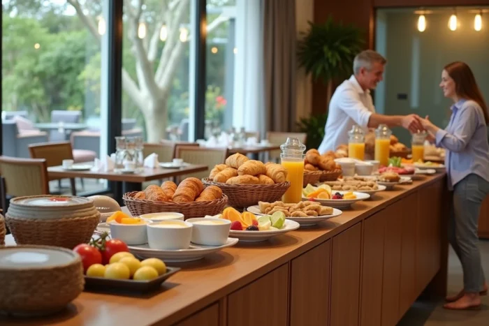 Buffet petit-déjeuner d'hôtel avec un couple se servant lors d'une formule demi-pension ou pension complète