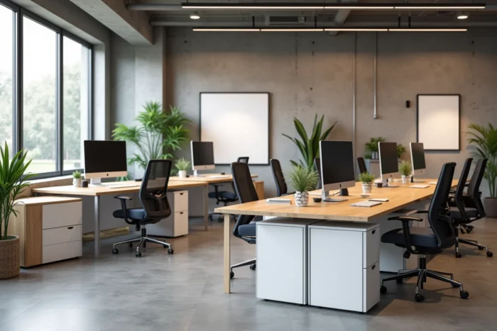 Espace de bureau professionnel moderne avec mobilier sur mesure en bois et rangements modulaires prêts à l'emploi en open space