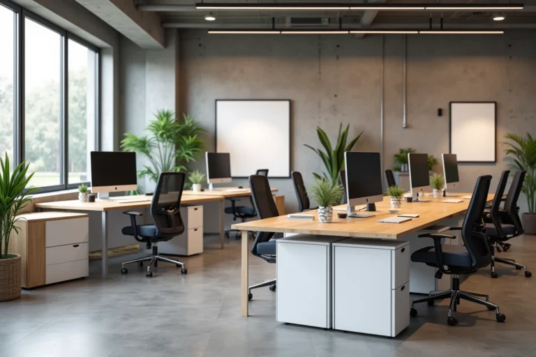Espace de bureau professionnel moderne avec mobilier sur mesure en bois et rangements modulaires prêts à l'emploi en open space