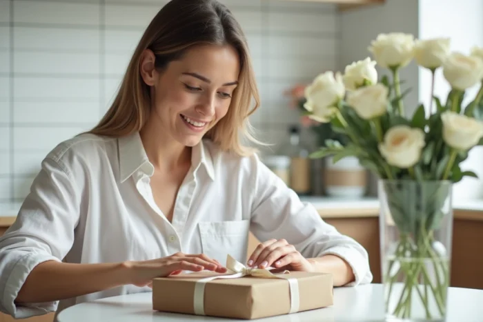 Jeune femme emballant un cadeau de mariage pour compenser son absence à la cérémonie