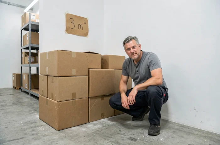 Homme accroupi devant des cartons de déménagement empilés représentant un volume de 3 m³ dans un espace de stockage