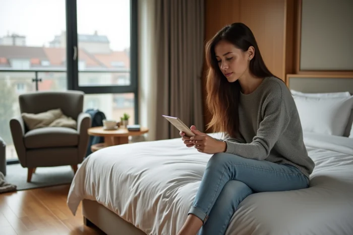 Femme dans une chambre d'hôtel consultant le livret des formules de pension proposées par l'établissement
