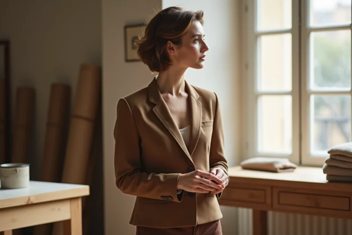 Femme en blazer structuré taupe et pantalon chocolat dans le style Christine Laure, dans un atelier de couture français lumineux