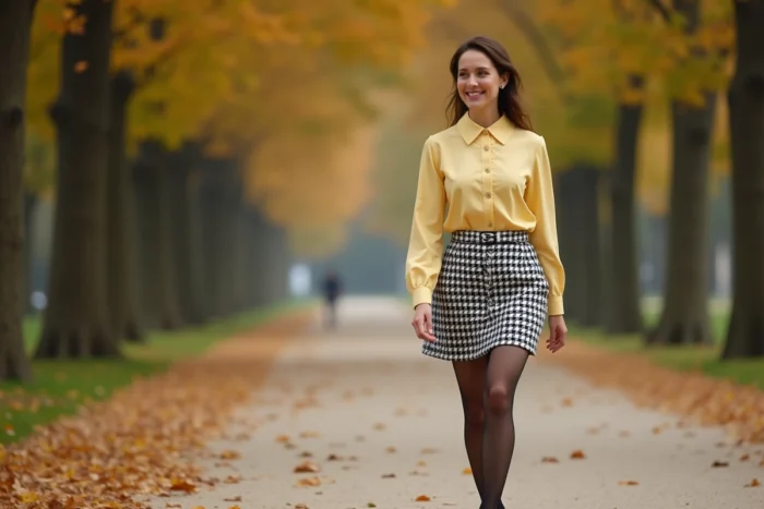 Femme en blouse col claudine et jupe mini pied-de-poule dans le style Claudie Pierlot, marchant dans les jardins du Palais-Royal en automne