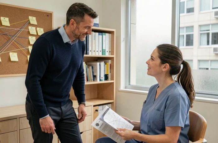 Coach accompagnant une infirmière dans une démarche d'accompagnement systémique individuel en milieu hospitalier