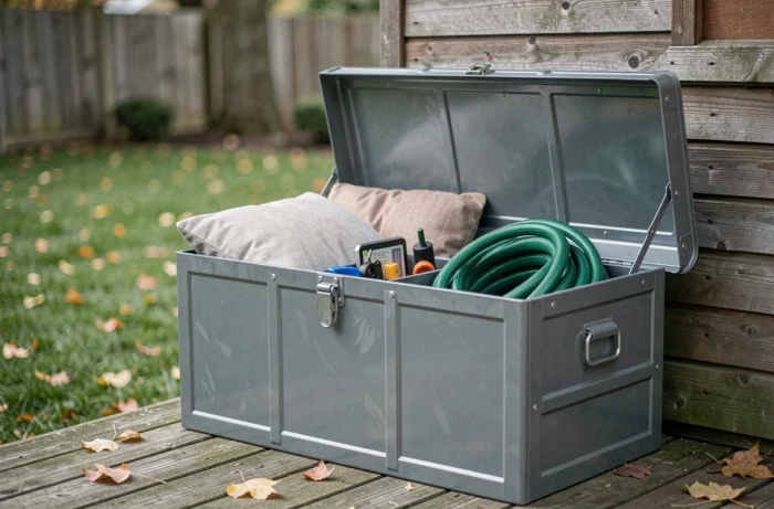 Coffre de jardin en métal gris ouvert sur une terrasse en bois avec coussins et outils rangés à l'intérieur