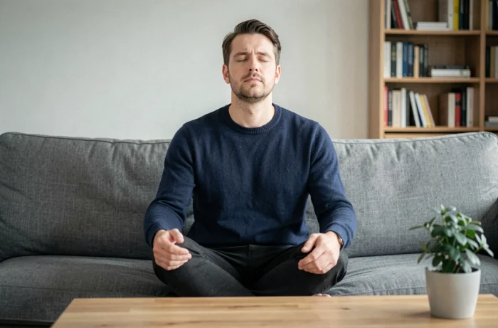 Un homme pratiquant la cohérence cardiaque assis en position de respiration consciente dans un salon minimaliste pour gérer son stress