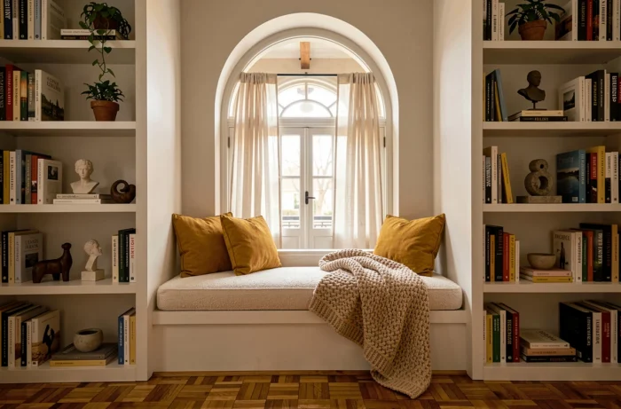 Coin lecture douillet aménagé dans une alcôve avec banquette en bouclé, coussins jaunes moutarde et bibliothèques intégrées du sol au plafond