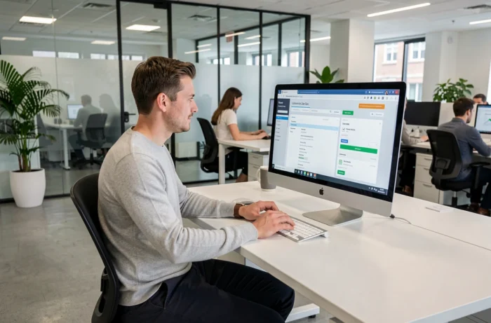 Collaborateur de l'ESSEC accédant à l'intranet depuis un bureau en open space dans un environnement professionnel moderne