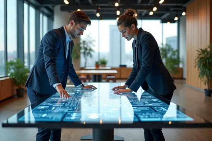Deux professionnels collaborant sur une interface de réseau urbain intelligent dans un espace d'innovation moderne