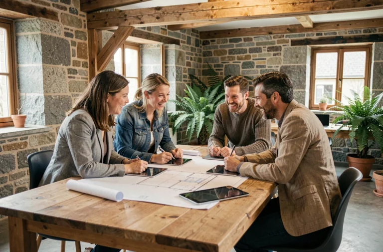 Équipe de professionnels bretons collaborant autour d'une table dans un espace de coworking en pierre, discutant de projets de développement régional