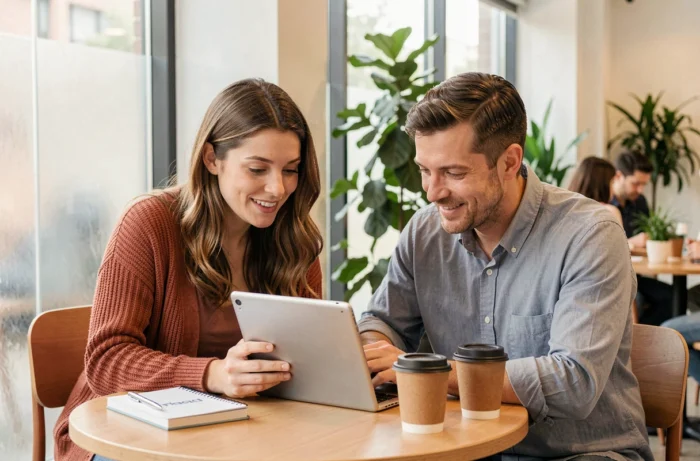 Deux collègues collaborant sur une stratégie de développement d'activité en ligne autour d'une tablette dans un espace de travail convivial