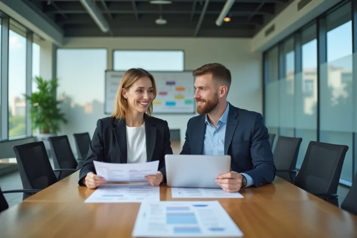 Deux entrepreneurs comparant des formations en entrepreneuriat en ligne autour d'une table de réunion dans un bureau moderne
