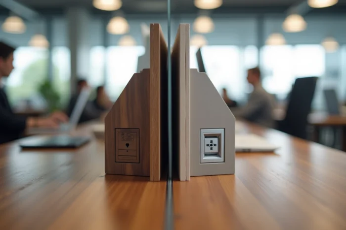 Comparaison en gros plan entre un plateau de bureau en noyer massif sur mesure et un panneau stratifié de mobilier prêt à l'emploi en environnement professionnel