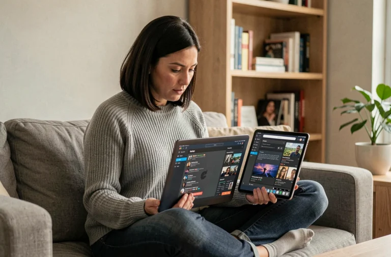 Femme comparant deux plateformes de streaming sur ordinateur portable et tablette dans un salon moderne en 2026