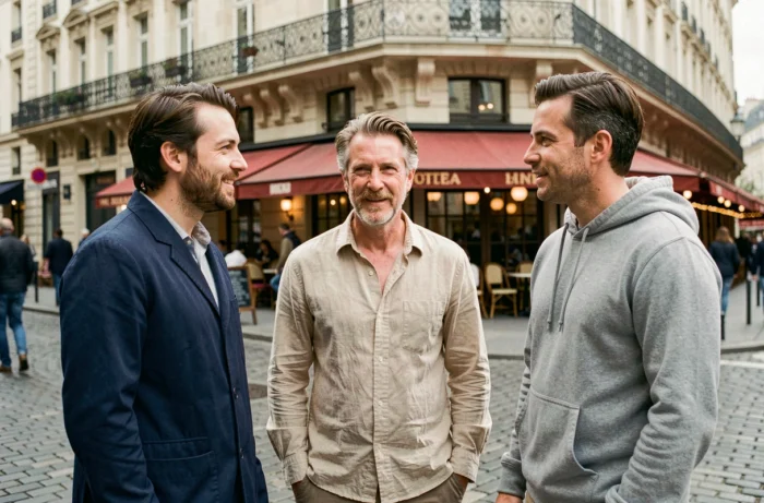 Trois hommes français de tailles différentes côte à côte dans une rue parisienne, comparaison des hauteurs pour illustrer la taille moyenne des hommes en France
