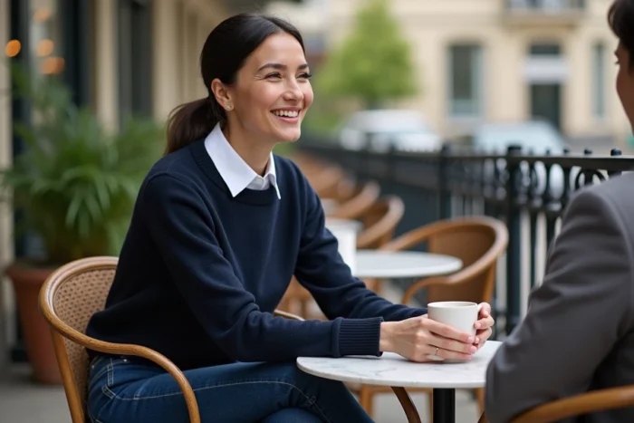 Femme en pull marine cachemire superposé sur une chemise blanche et jean indigo dans le style Comptoir des Cotonniers, attablée dans un café parisien